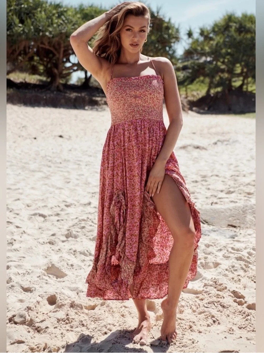 Free People One I Love Dress in Caramel Combo Pink and Tan Maxi Ruffle Hem